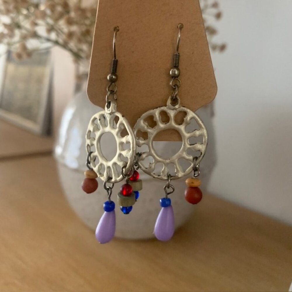Abstract Silver color Geometric Boho Earrings | Multi-Color Beaded Dangle